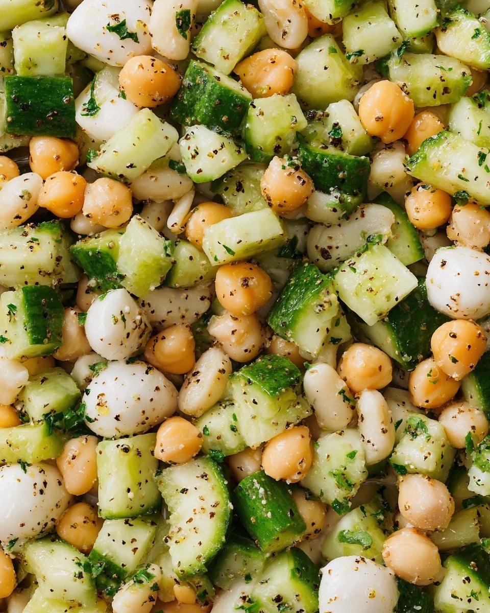 The image shows a close-up of a mixed salad consisting of chopped green cucumber pieces, small white beans, light orange chickpeas, and small white mozzarella balls. The ingredients are evenly mixed and lightly coated with a shiny dressing sprinkled with black pepper and herbs. The texture is fresh and moist with visible seasoning dots scattered throughout. The background is a white marbled texture. photo taken with an iphone --ar 4:5 --v 7