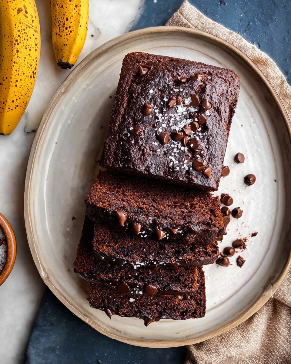 A dark chocolate loaf cake sits on a large white plate, cut into four thick slices stacked slightly overlapping. The cake has a rich, moist texture with visible chocolate chips embedded throughout and sprinkled on top. The surface of the loaf is cracked and sprinkled lightly with flaky sea salt. The plate rests on a surface with a white marbled texture, surrounded by a beige cloth napkin and some ripe spotted bananas nearby. Photo taken with an iphone --ar 4:5 --v 7