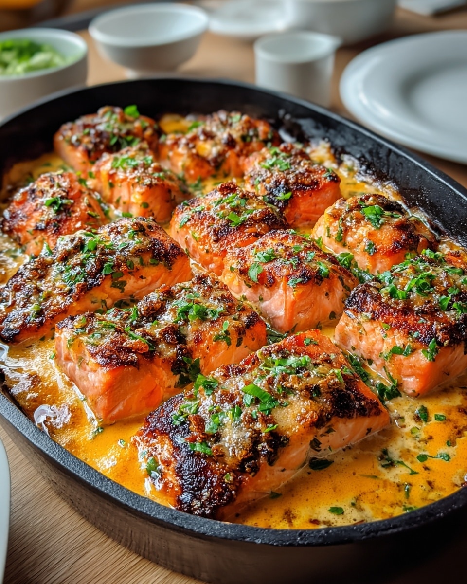 The image shows a black pan filled with many grilled salmon chunks arranged closely together in rows. Each piece has a pinkish-orange color with a slightly charred brown crust on top, giving a grilled texture. The salmon sits in a creamy orange sauce that pools at the bottom, slightly bubbling around the edges. Bright green chopped herbs are sprinkled evenly over the top, adding a fresh contrast to the rich salmon and sauce. The pan is on a light wooden surface with other white plates and bowls blurred in the background. photo taken with an iphone --ar 4:5 --v 7