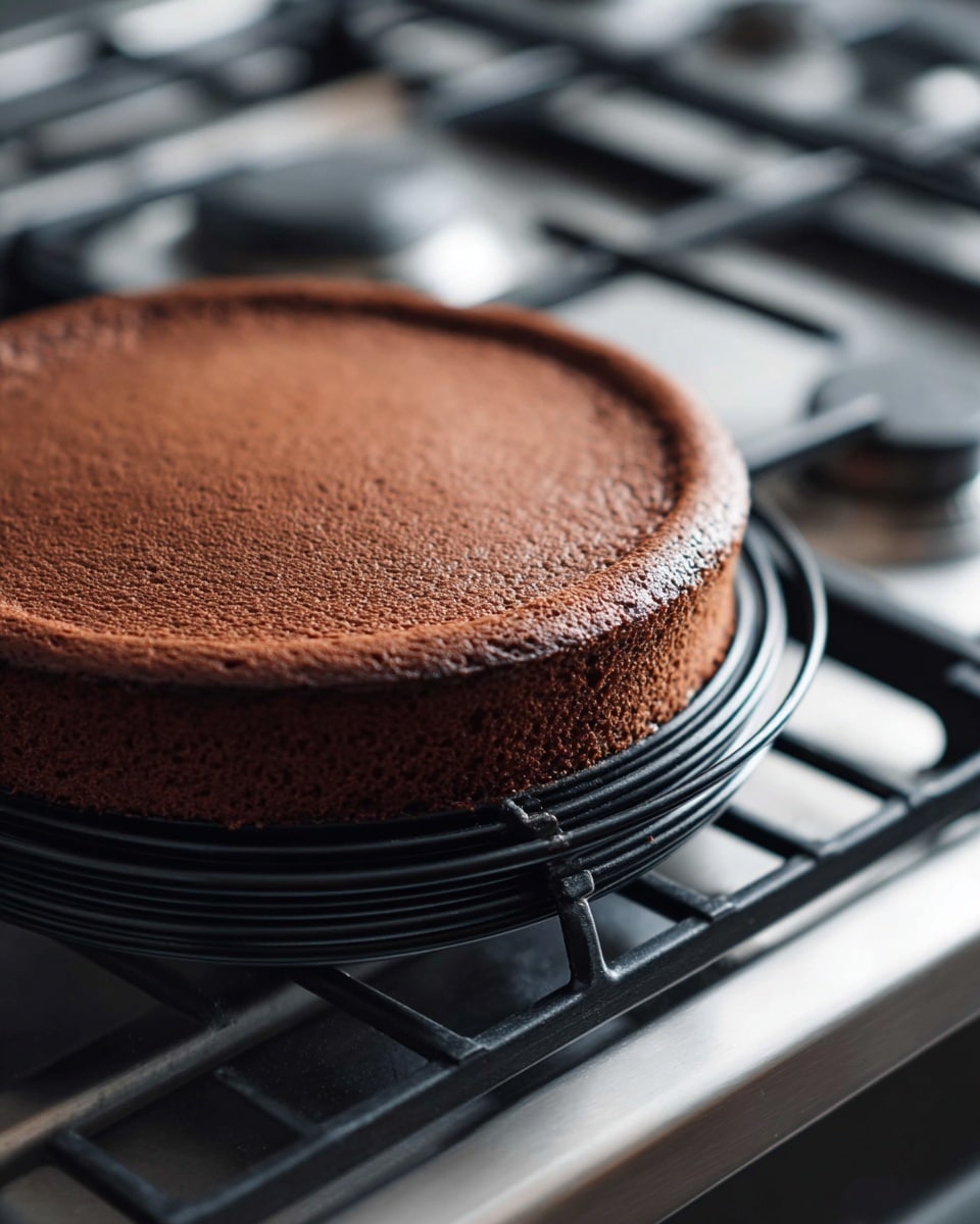 A single-layer, round chocolate cake with a smooth and slightly cracked dark brown top sits on a black cooling rack atop a white marbled stove surface. The cake's side is an even medium brown color with a firm, dense texture, rising about three inches high, and the top edge curls slightly inward. The background includes blurred parts of the stove’s burners and metal grates. Photo taken with an iphone --ar 4:5 --v 7