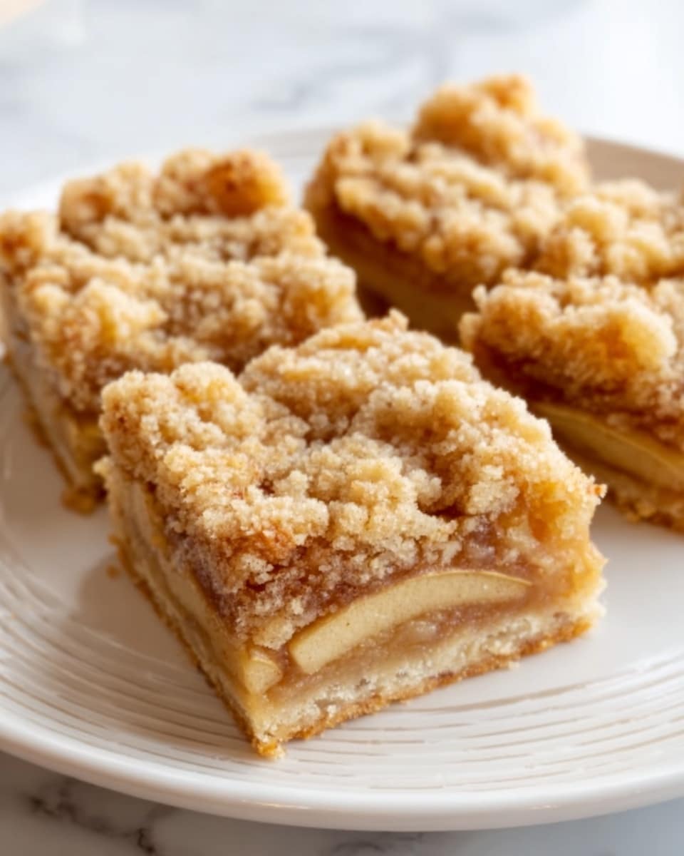 The image shows three square dessert bars placed on a white plate with subtle line patterns. Each bar has three visible layers: a light brown, crumbly bottom crust; a middle layer filled with thin apple slices that have a soft, slightly shiny texture; and a crumbly, golden brown topping that looks crunchy and uneven. The bars are arranged closely together, with the focus on the front one, showing its textured layers clearly. The background features a white marbled surface. Photo taken with an iphone --ar 4:5 --v 7