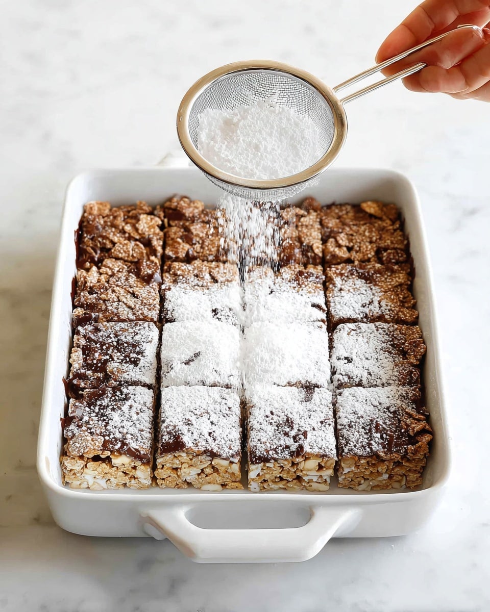 The image shows a white rectangular dish filled with a layered dessert cut into nine squares. The bottom layer is made of a mix of light beige cereal pieces coated in milk chocolate, giving dark and light color patches with a rough texture. The top half of the dessert is being dusted with a white powdered sugar from a metal sifter held by a woman's hand, creating a soft white powder layer on part of the dish. The background is a smooth white marbled surface. photo taken with an iphone --ar 4:5 --v 7