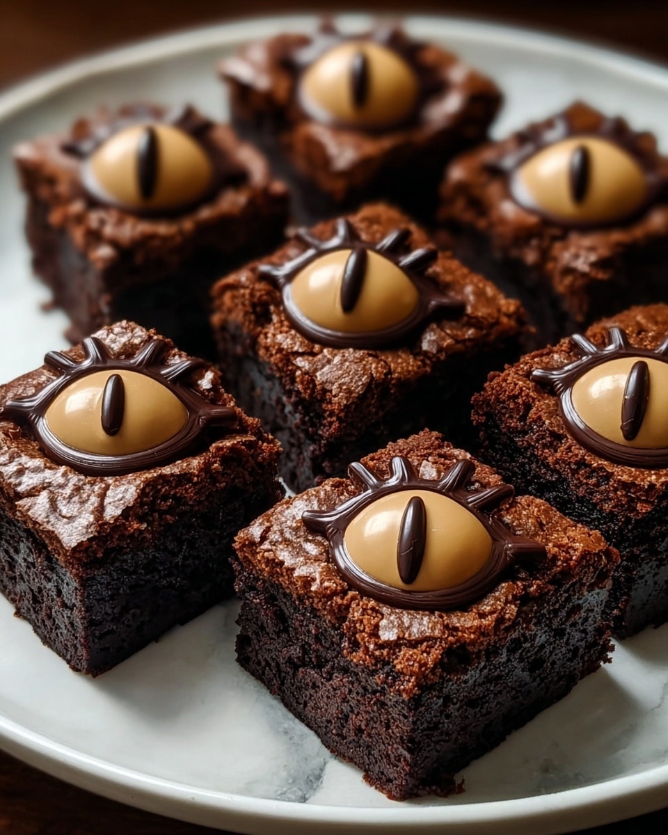 The image shows six square-shaped chocolate brownies arranged closely on a white plate, each having three layers. The bottom layer is dark, moist chocolate cake with a cracked, rough texture on the top surface. The middle layer, placed on the center of each brownie, consists of a glossy chocolate eye shape with a smooth texture and a slightly raised eyebrow-like curve. The top layer is a circular beige candy that looks like a stylized cat eye with a black vertical slit in the middle. Each chocolate eye is decorated with small stick-like extensions resembling eyelashes on the upper curve. The plate sits on a white marbled surface. photo taken with an iphone --ar 4:5 --v 7