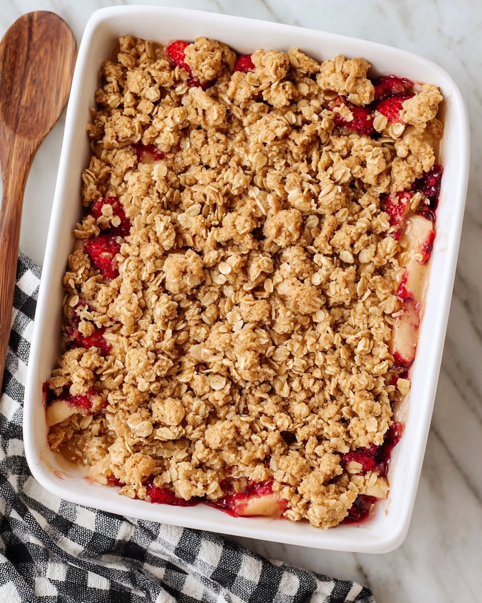 A white baking dish filled with a layered dessert showing a crumbly oat topping in golden brown, spread thickly over a mix of visible red berries and sliced light tan fruit pieces underneath; the topping has a rough, chunky texture with oats clustered together in uneven chunks, partially revealing the bright red berries and pale fruit strips beneath; the dish is placed on a white marbled surface next to a black and white checkered cloth. photo taken with an iphone --ar 4:5 --v 7