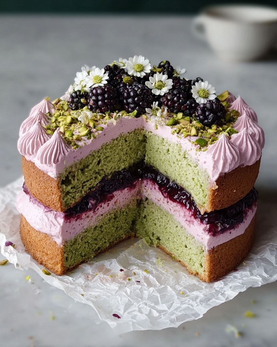A two-layered green cake with a light brown crust, placed on crumpled white parchment paper on a white marbled surface. The bottom layer is topped with a thick, dark purple fruit jam and a soft pink cream layer. The top layer has a thick, smooth pink frosting with a piped edge all around. On the top, there are dark blackberries, small white edible flowers, and crushed green pistachios scattered across the surface. A slice is cut out, showing the inside layers clearly. Photo taken with an iphone --ar 4:5 --v 7