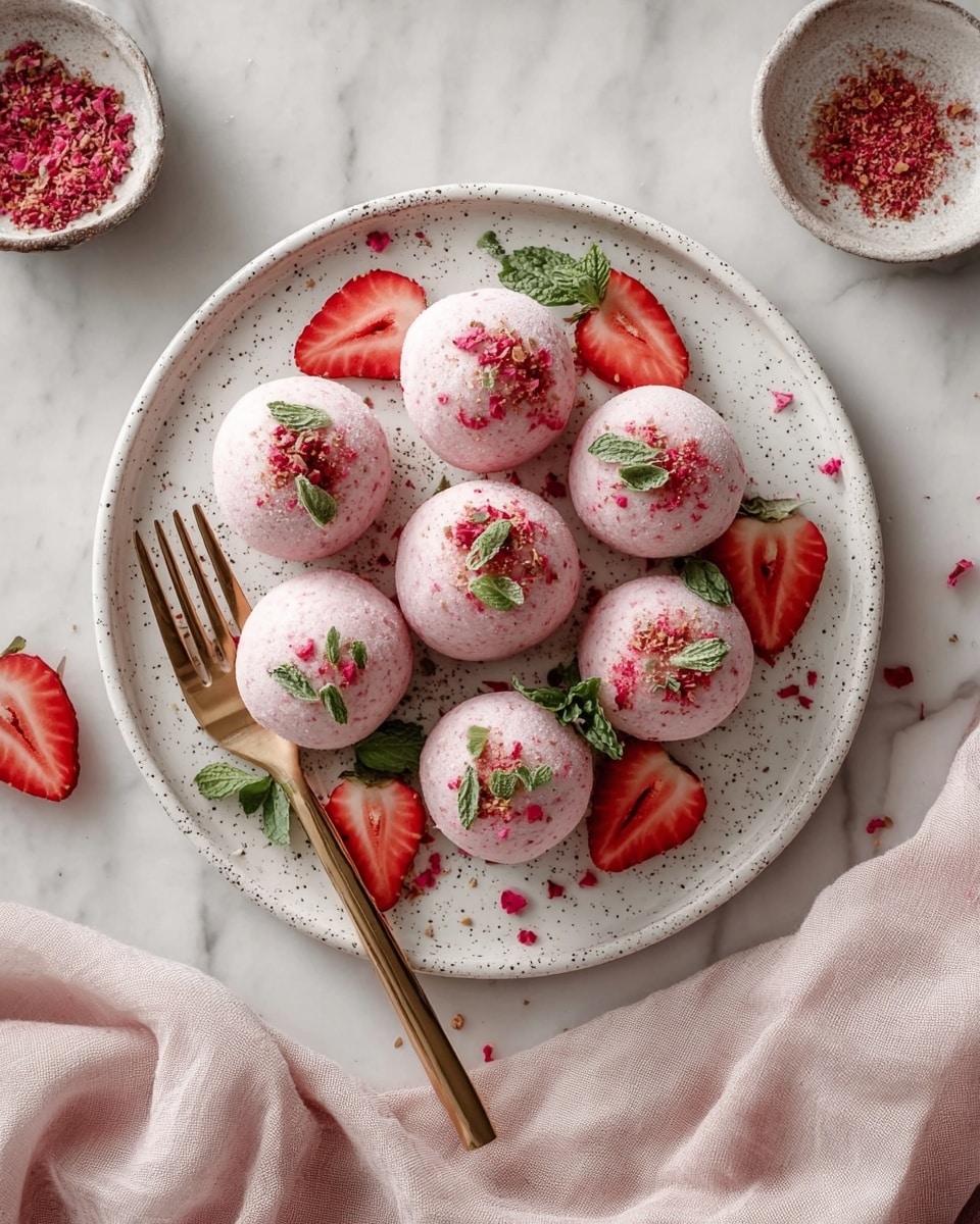 A white speckled plate holds six round pink desserts, each topped with small green leaves and crushed red sprinkles, arranged in a close cluster. Three halved strawberries with bright red flesh and green tops sit among the desserts. A gold fork rests on the left side of the plate. The plate is placed on a white marbled textured surface with a soft, pale pink cloth to the right. In the top left corner, a small white bowl contains more crushed red sprinkles. photo taken with an iphone --ar 4:5 --v 7
