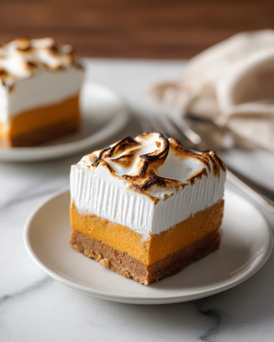 A square dessert slice sits centered on a white plate over a white marbled surface. The bottom layer is a dense, medium brown crust, topped by a thick, smooth orange filling layer in the middle. The top layer is a thick, fluffy white meringue that is toasted to a golden brown with streaks of darker caramelized spots across the surface. The meringue spills slightly down the sides with a textured edge showing ridges. Another similar slice is partially seen on a white plate in the background. Photo taken with an iphone --ar 4:5 --v 7