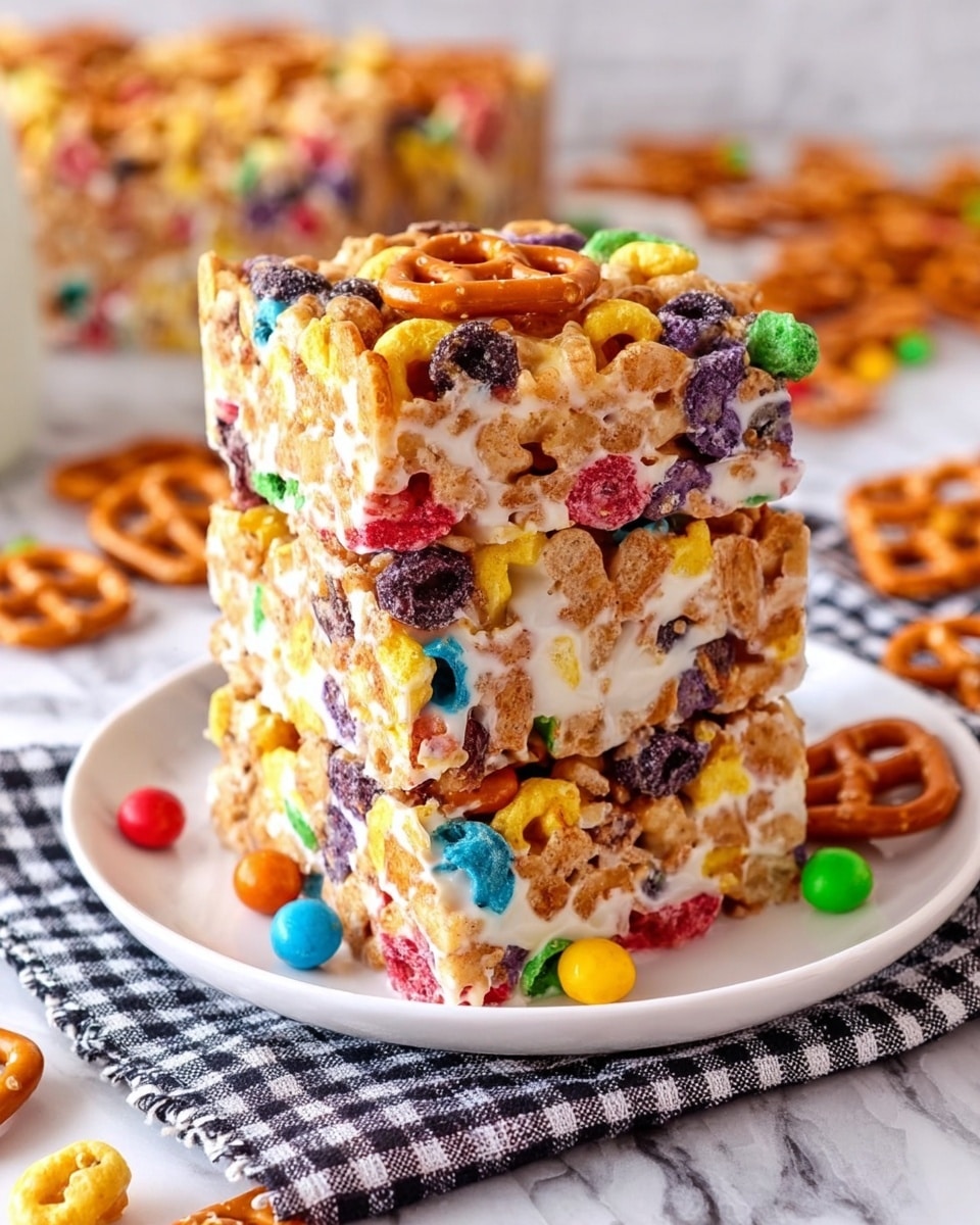 A thick square treat composed of five visible layers stacked evenly, each layer showing a mix of bright cereal pieces in colors like yellow, red, purple, green, and blue, combined with small pretzel shapes and puffed grains, all held together by a shiny, creamy white coating that adds a sticky texture. The top and sides reveal clusters of the colorful cereal and pretzels tightly packed, and the treat is set upright on a white plate, on top of a black and white checked cloth with a few loose pretzels and colorful cereal balls scattered nearby, all placed on a white marbled surface. Photo taken with an iphone --ar 4:5 --v 7
