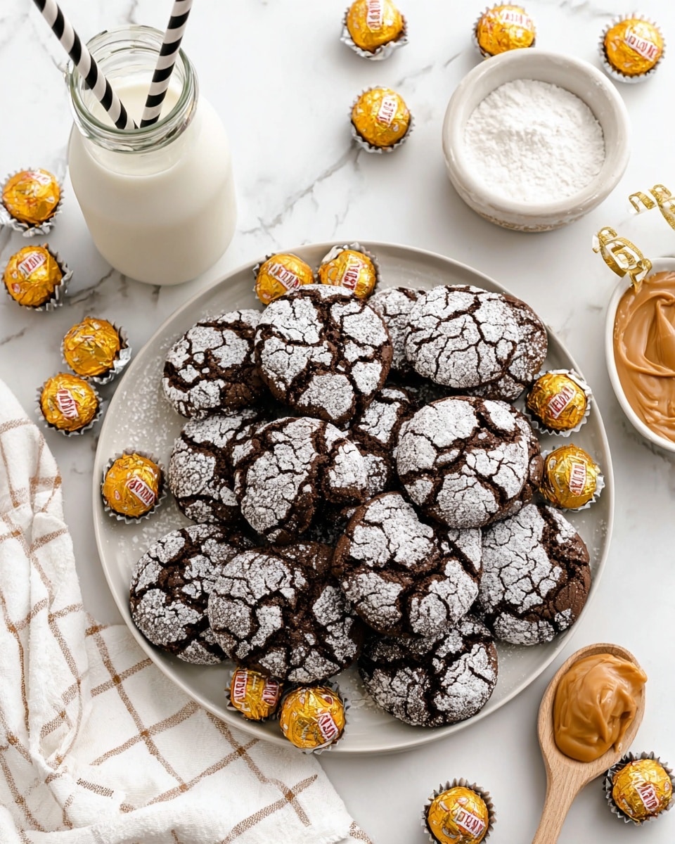 A white round plate filled with two layers of cracked chocolate cookies dusted with powdered sugar, showing dark brown color through the cracks. The cookies are surrounded by several golden-wrapped peanut butter cup candies, some unwrapped to reveal shiny chocolate tops. To the top left of the plate, there is a glass bottle filled with milk and two straws, one black and white striped and the other gold and white patterned. To the top right, there is a small white bowl with powdered sugar and a wooden spoon inside it, and a spoon with creamy peanut butter rests nearby. The setting is on a white marbled surface with a white cloth that has a grid pattern holding extra golden-wrapped candies, photo taken with an iphone --ar 4:5 --v 7