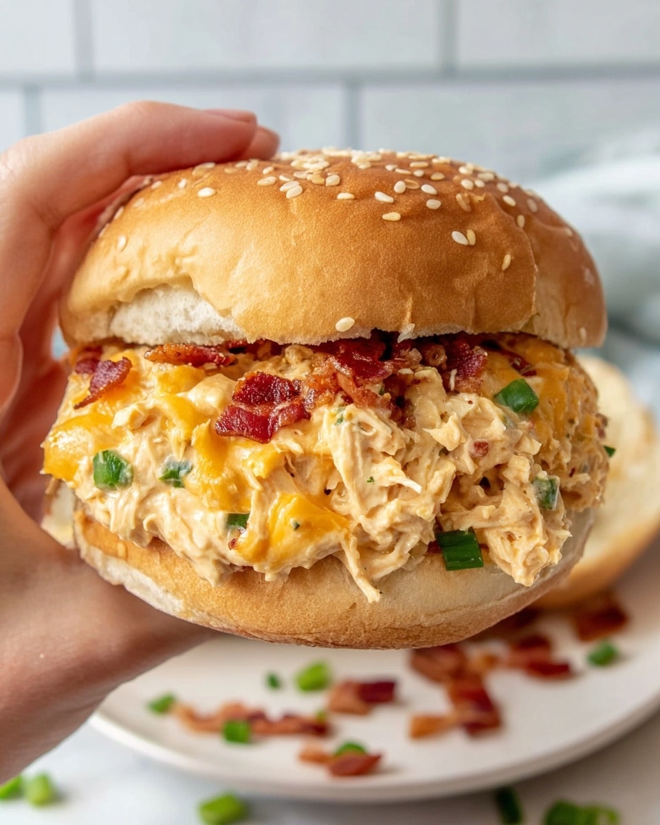 A thick sandwich held by a woman's hand shows a sandwich with three main layers between a soft sesame seed top bun and a plain bottom bun. The top layer is a mix of creamy shredded chicken blended with melted orange cheddar cheese, crisp small red bacon bits, and fresh green onion pieces scattered on and inside. The chicken mixture is rich and textured with some stringy parts and melted cheese strands. There is a slight shine on the chicken mix, giving it a moist look. The sandwich bun is golden brown with a soft, slightly wrinkled texture. The background has a white marbled texture with a white plate and some scattered green onions and bacon bits visible out of focus. Photo taken with an iphone --ar 4:5 --v 7