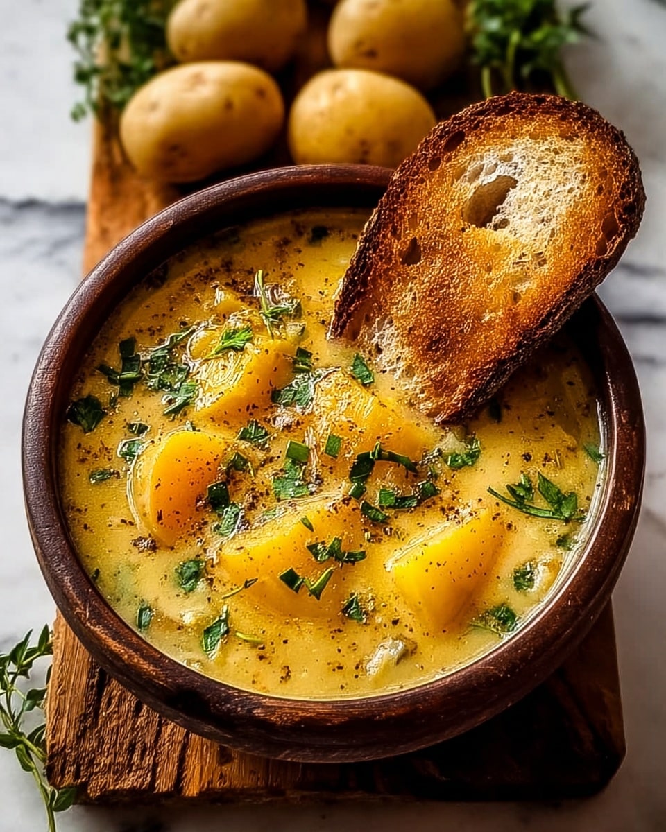A dark brown bowl filled with chunky creamy soup, featuring golden yellow potato pieces floating on the top layer, sprinkled with fresh green herbs and a dusting of black pepper. A single toasted slice of crusty bread with a golden brown texture is placed leaning inside the bowl, partially submerged in the soup. The bowl sits on a wooden cutting board, with whole potatoes and green herbs softly blurred in the background, all set against a white marbled surface. photo taken with an iphone --ar 4:5 --v 7