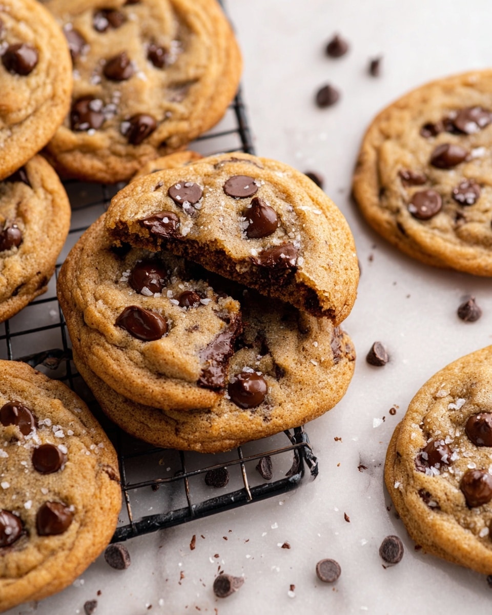 A close-up of several chocolate chip cookies stacked and arranged on a black cooling rack over a white marbled surface, showing a rich golden-brown texture with dark, glossy chocolate chips spread evenly across each cookie. One cookie is broken in half, positioned at the center, revealing a soft, chewy inside with melted chocolate chips, while a light sprinkling of coarse sea salt adds a subtle white contrast to the warm cookie surface. Scattered chocolate chips and cookie crumbs surround the rack, adding to the inviting homemade look. Photo taken with an iphone --ar 4:5 --v 7