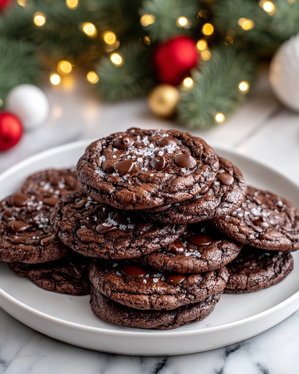 A white plate holds a stack of eight dark brown chocolate cookies topped with melty chocolate chips and a sprinkling of coarse salt crystals. The cookies have a cracked, slightly shiny surface with different sized chocolate chips melting into the tops, giving a soft texture. One cookie sits in front, showing a thick, soft inside, while the rest are layered behind it in a close stack. The background shows blurred green pine branches with golden lights and red and white Christmas ornaments, all set on a white marbled surface. Photo taken with an iphone --ar 4:5 --v 7