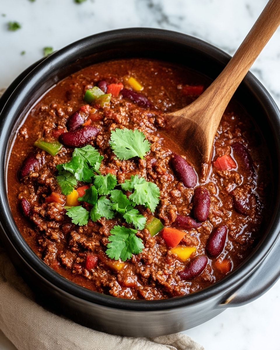A black bowl filled with thick chili showing three main layers: a deep brown, chunky meat sauce base mixed with finely minced ground meat, bright red kidney beans scattered throughout, and bits of yellow, red, and green vegetables like peppers and celery adding spots of color. Fresh green cilantro leaves are placed on top as garnish. A wooden spoon with smooth texture rests inside the bowl, partially submerged in the chili. The bowl sits on a white marbled surface next to a folded beige cloth. Photo taken with an iphone --ar 4:5 --v 7