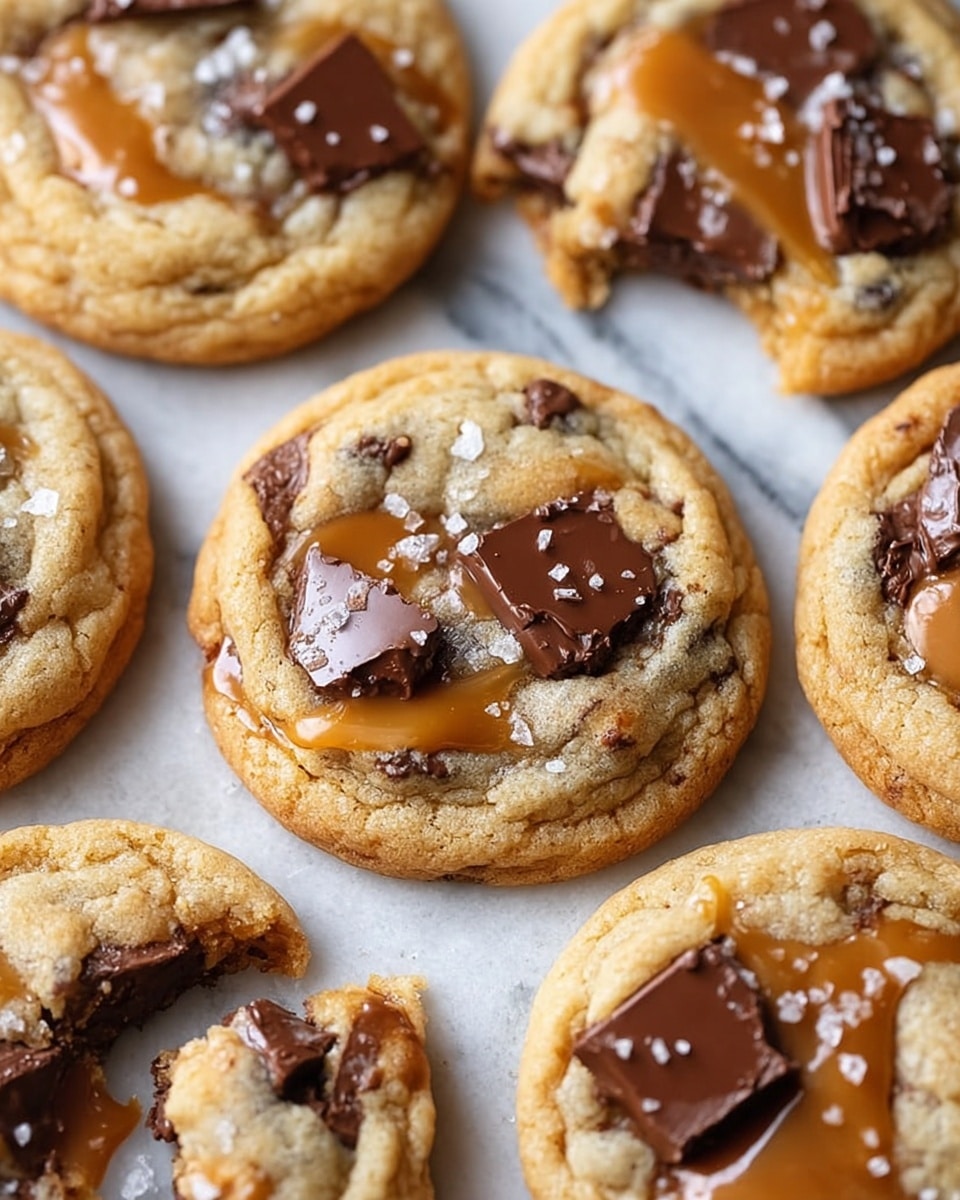 The image shows soft, round cookies on a white marbled surface, each with a golden brown baked dough base that is slightly cracked and chewy in texture. The top layer features large, melted dark chocolate chunks scattered unevenly across the cookie surface, creating deep, shiny pockets. Swirls of smooth, glossy caramel with a light amber color sit on top of the chocolate pieces in irregular spots. Some cookies are sprinkled with coarse white sea salt flakes that add texture and brightness. One cookie in the corner is broken to show the soft interior filled with both chocolate and caramel. photo taken with an iphone --ar 4:5 --v 7