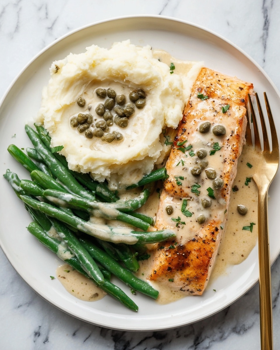 A white plate holds a meal with three main parts: a scoop of creamy off-white mashed potatoes on the left side, topped with light beige sauce with small green capers scattered on it; in the middle front are bright green cooked green beans drizzled with the same beige sauce and a few capers; on the right is a golden-brown cooked salmon fillet, slightly crispy on top, covered partly by the beige sauce and garnished with small green herbs and capers. A gold fork is placed next to the salmon on the right side of the plate, all set on a white marbled surface. Photo taken with an iphone --ar 4:5 --v 7