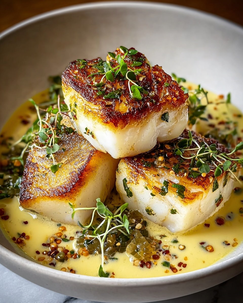 A dish with three pieces of golden-brown grilled fish stacked in a bowl, each piece showing a crispy outside and soft white inside, sprinkled with small green herb leaves. The fish sits in a creamy light yellow sauce with visible small bits of garlic and spices. Around the fish, there are fresh green herb sprigs and some loose spices scattered. The bowl is white with a smooth texture inside, placed on a white marbled surface. photo taken with an iphone --ar 4:5 --v 7