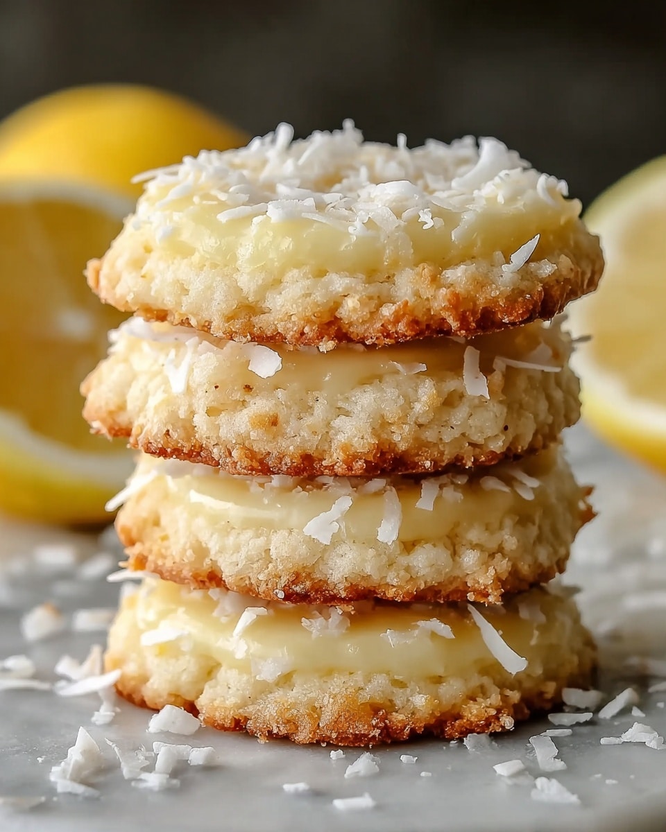 A stack of four coconut lemon cookies is shown on a white marbled surface. Each cookie has two layers: a golden, crumbly bottom layer and a thick, creamy, pale yellow top layer, sprinkled with white shredded coconut. The cookies are stacked neatly, with the texture of the crumbly base visible on the edges. Around the stack, there are scattered coconut flakes and blurred lemon halves in soft focus in the background. photo taken with an iphone --ar 4:5 --v 7