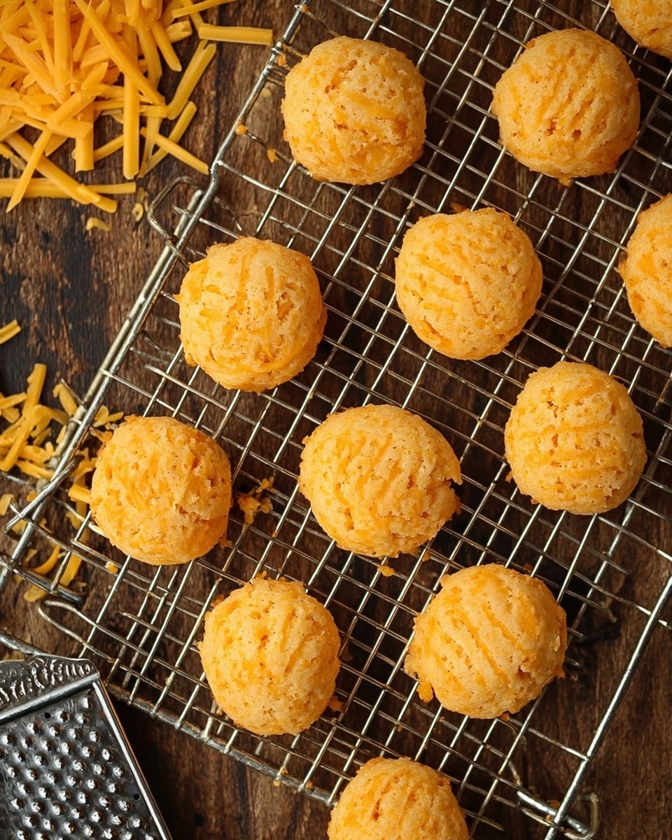 This image shows a collection of round, golden-orange cheese biscuit balls arranged on a silver wire cooling rack. Each biscuit has a slightly rough texture with small crumbles, and some have faint fork marks on top that create a subtle crosshatch pattern. The biscuit balls are placed on a dark wooden surface, next to a metal cheese grater and scattered shredded cheddar cheese. The overall look is warm and fresh, highlighting the baked, crumbly texture of the biscuits. photo taken with an iphone --ar 4:5 --v 7