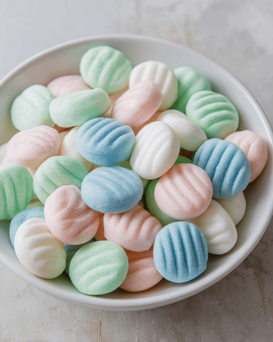 A white bowl is filled with many round, pastel-colored candies that have three parallel grooves on their surface. The candies come in soft shades of light green, pink, blue, and white, creating a gentle mix of colors. The bowl sits on a white marbled textured surface, and the image is focused closely on the bowl to show the smooth texture and subtle shadows of the candies. photo taken with an iphone --ar 4:5 --v 7