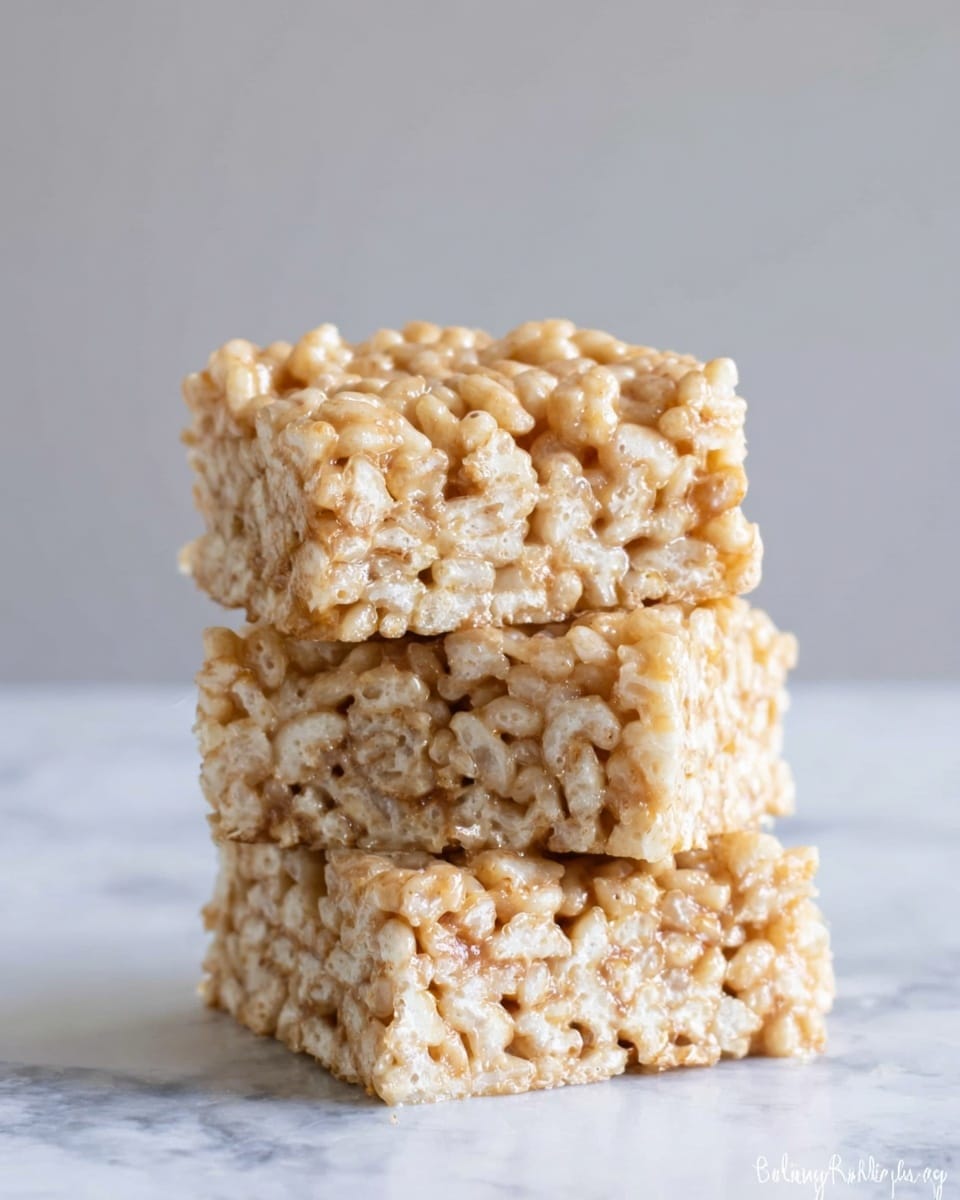 The image shows a stack of three crispy rice treats on a white marbled surface. Each treat is square-shaped and made of light beige crispy rice cereal coated in a glossy, slightly sticky caramel or marshmallow mixture that binds the cereal together. The top treat sits slightly askew on the bottom two, revealing the textured, bumpy surfaces of the crispy rice and caramel coating. The background is plain and pale gray, putting focus on the treats. Photo taken with an iphone --ar 4:5 --v 7