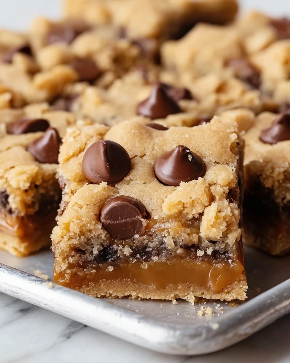 The image shows close-up pieces of a cookie bar dessert with two distinct layers. The top layer is light golden-brown with a crumbly texture and has several smooth, dark chocolate chips embedded on the surface. The bottom layer is a soft, gooey caramel filling that peeks out between the crumbly cookie dough above and the darker chocolate bits mixed within the lower part of the cookie base. The dessert sits on a white metal tray, which rests on a white marbled surface. The pieces are cut into squares, showing the thick caramel layer in the middle photo taken with an iphone --ar 4:5 --v 7