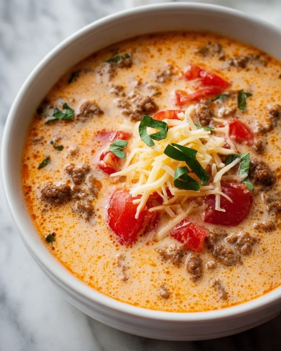 A close-up of a spoon full of creamy soup held over a white bowl, showing layers of light orange creamy broth with small chunks of cooked ground meat, bright red diced tomatoes, melted white cheese strands, and small green herb pieces on top. The soup base has a smooth texture with some oil droplets on the surface. The colors are warm with the red tomatoes standing out against the orange broth and meat. The background is a white marbled texture. photo taken with an iphone --ar 4:5 --v 7