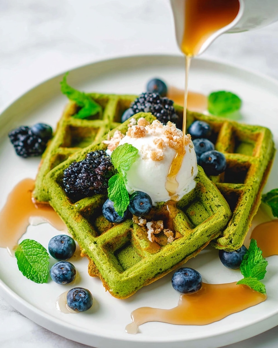 A plate with three green waffles arranged slightly overlapped, showing their textured square pattern and golden edges. On top, there is a scoop of white cream or ice cream with some small crunchy bits sprinkled on it. Around the waffles and cream, fresh blueberries and a blackberry add dark blue and deep purple colors. Small green mint leaves are scattered on and around the waffles. A golden syrup is being poured over the waffles, creating a glossy shine and some syrup pools on the plate. The plate is white, placed on a white marbled surface. photo taken with an iphone --ar 4:5 --v 7