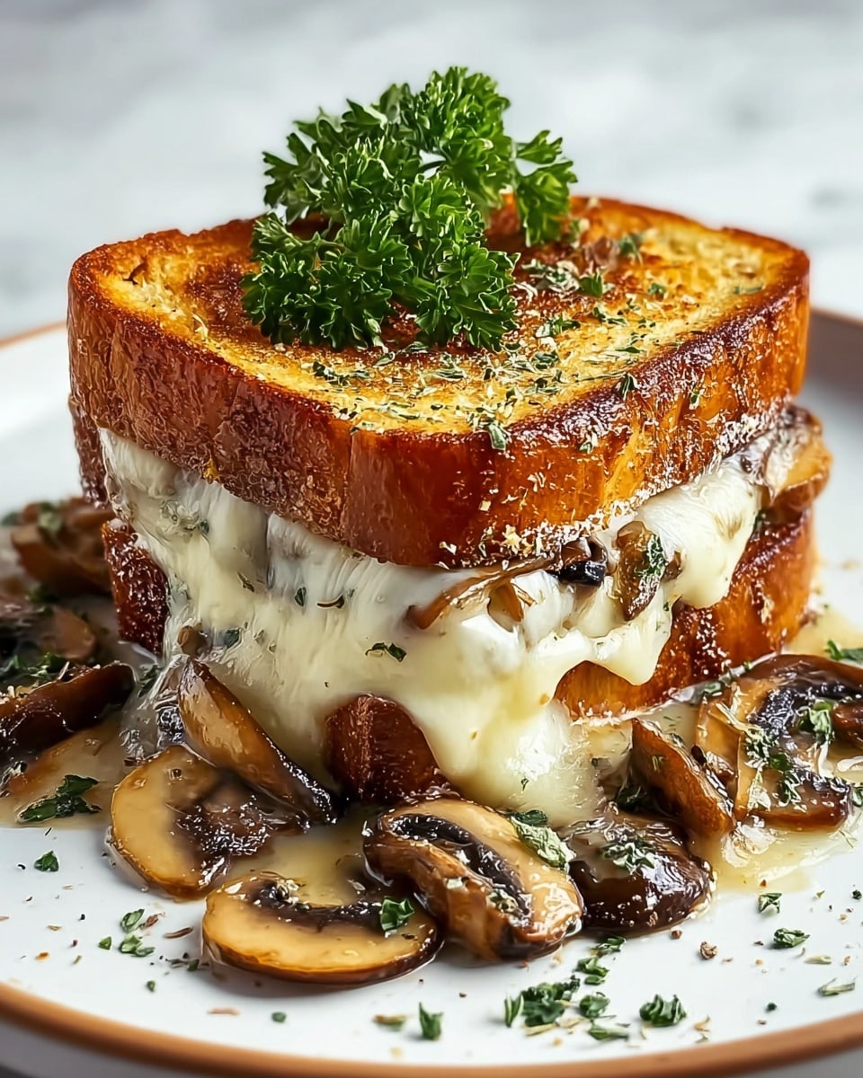 A grilled sandwich is placed on a white plate with a white marbled surface underneath. It has two thick golden-brown toasted bread slices on top and bottom. Between the bread layers, there is melted white cheese oozing out with cooked brown mushroom slices peeking through. More mushroom slices and melted cheese spill out on the bottom side of the sandwich. The sandwich is garnished on top with a small bunch of fresh green parsley and sprinkled herbs, giving it a fresh and savory look. Photo taken with an iphone --ar 4:5 --v 7