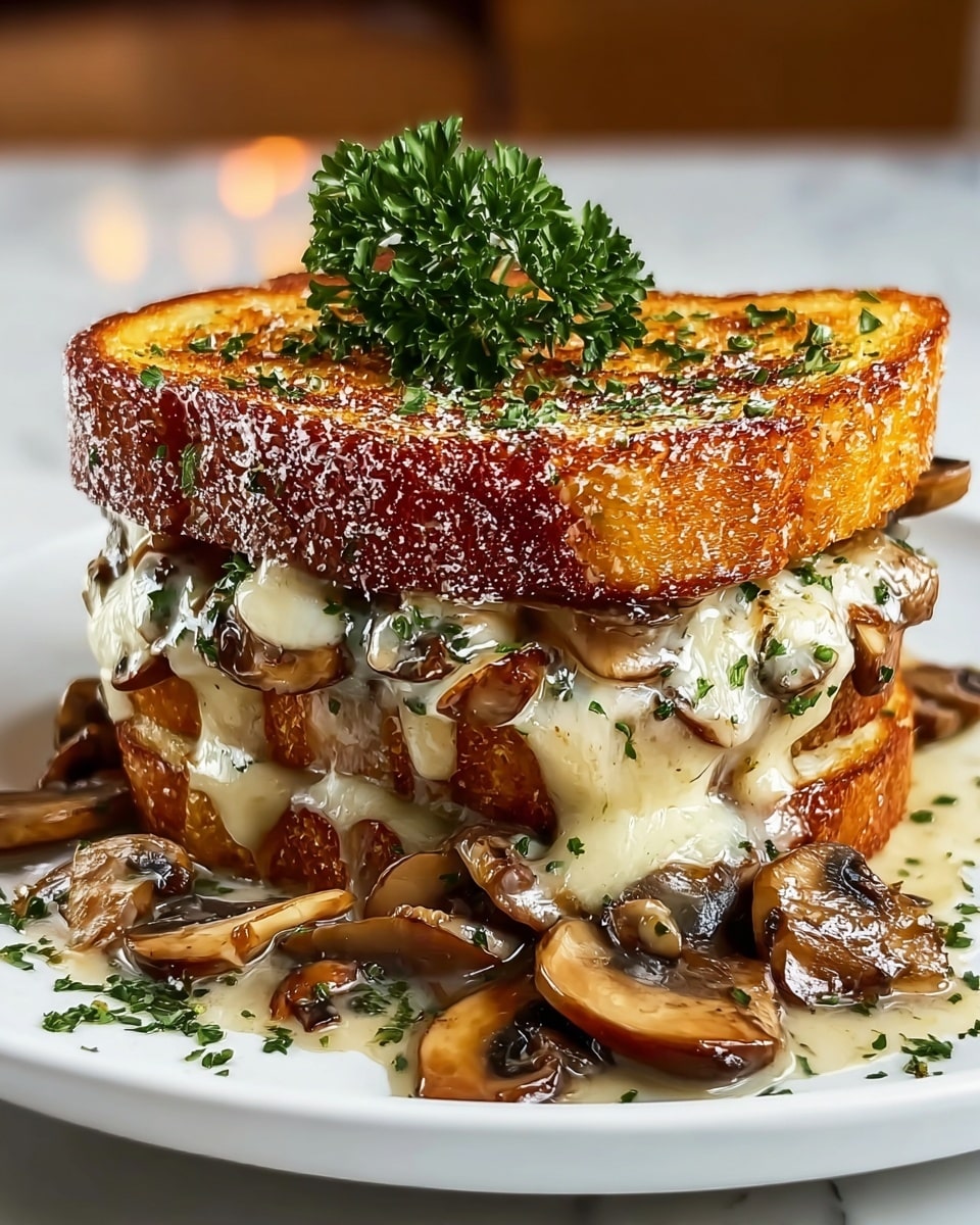 The image shows a grilled cheese sandwich with two thick, golden-brown slices of bread that have a crispy texture and are sprinkled with finely chopped green herbs. Between the bread slices, there is a generous layer of melted cheese that is creamy and gooey, oozing out along with sautéed mushrooms in rich sauce. The mushrooms are brown and glossy, layered both inside the sandwich and spilling onto the white plate beneath. On top of the sandwich is a small bunch of fresh parsley, adding a bright green contrast. The plate sits on a white marbled surface with a blurred background. photo taken with an iphone --ar 4:5 --v 7