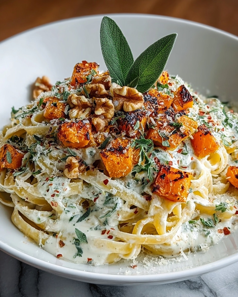 A white plate holds a mound of fettuccine pasta covered in a creamy white sauce with green herb pieces mixed in. On top, there are small roasted orange butternut squash cubes scattered, some showing a charred, crispy texture. The dish is sprinkled with grated white cheese, red chili flakes, and finely chopped green herbs. A few whole toasted walnut pieces sit on top, with a fresh green sage leaf garnish crowning the center. The plate rests on a white marbled surface. photo taken with an iphone --ar 4:5 --v 7