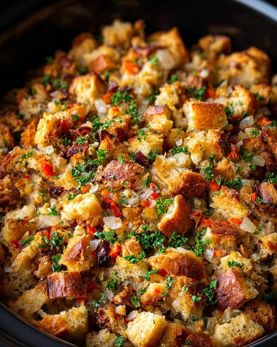 A close-up view of a black round dish filled with a layered stuffing made of toasted bread cubes that are golden brown with crispy edges, mixed with small bits of cooked onions and peppers in orange and red tones. The stuffing is sprinkled with fresh green chopped parsley all over, adding a fresh touch to the warm, textured surface. The dish shows a mix of soft and crunchy textures with a warm, inviting color palette. photo taken with an iphone --ar 4:5 --v 7