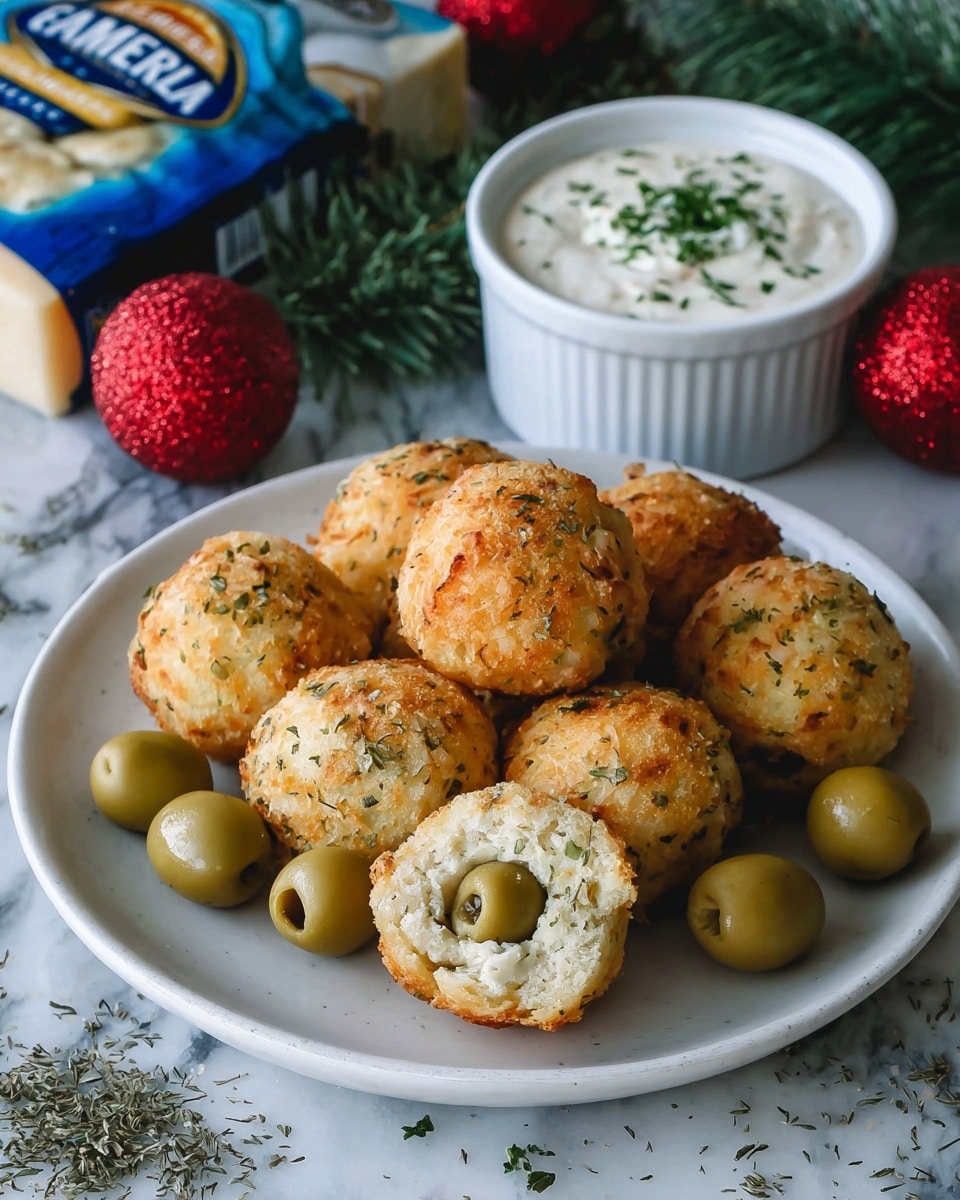 A white plate holds seven golden brown baked balls with a speckled texture of herbs and cheese visible on the surface. One ball is cut open, showing a whole green olive stuffed inside with a soft, crumbly dough layer around it. Three additional whole green olives are placed around the balls on the plate. The plate sits on a white marbled surface with some scattered dried herbs. In the background, there is a white ramekin filled with creamy white sauce topped with green herbs. A blue and green Parmesan cheese package is partially visible behind the ramekin. Small festive red ornaments and some greenery add decorative touches around the setup. Photo taken with an iphone --ar 4:5 --v 7