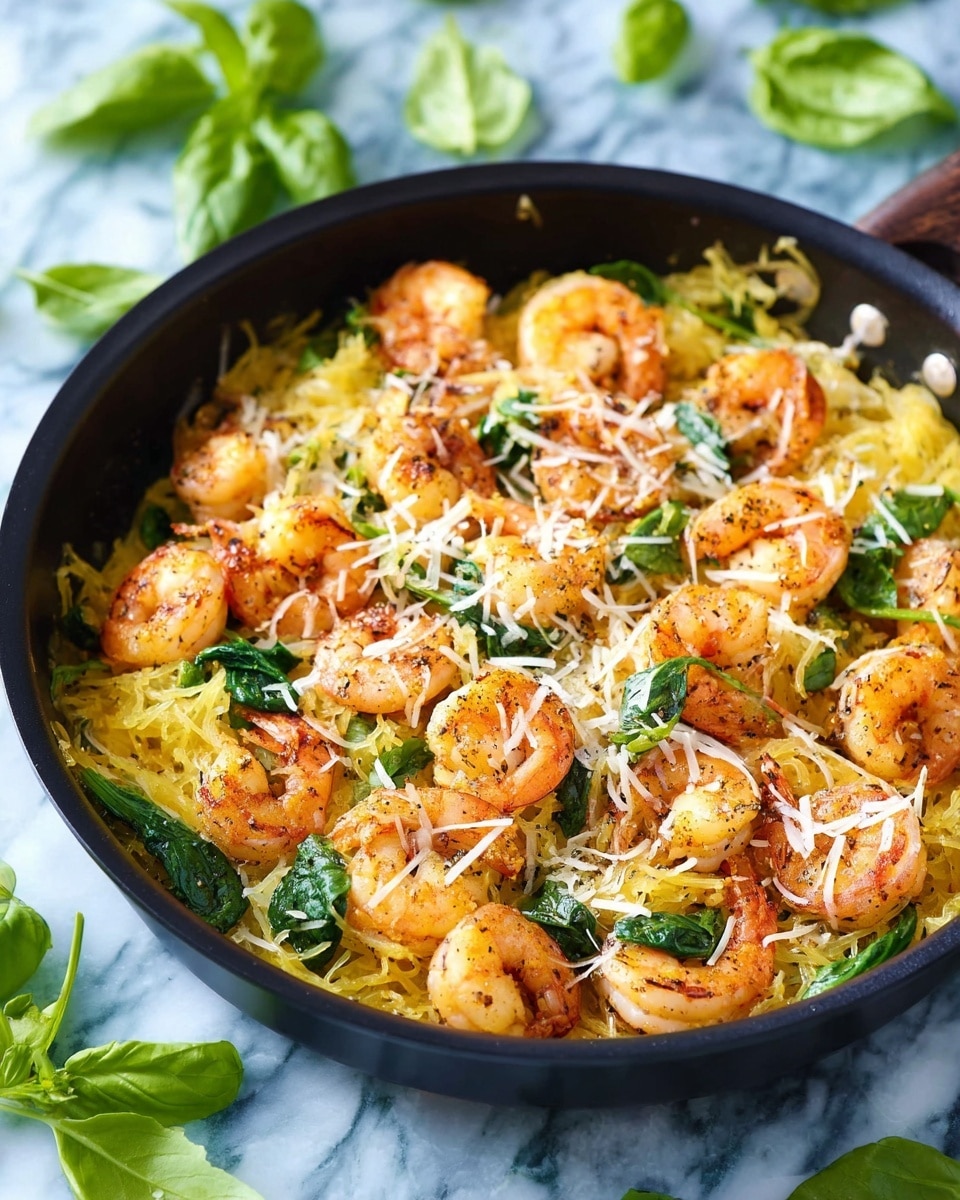 The dish shows a black skillet filled with cooked shrimp that are orange with a slightly charred texture, mixed with yellow spaghetti squash strands tangled throughout. There are fresh bright green spinach leaves stirred into the mix, and the top layer is sprinkled with white shredded cheese scattered lightly over the shrimp and squash. The skillet is placed on a white marbled surface with a few green leaves scattered around. Photo taken with an iphone --ar 4:5 --v 7