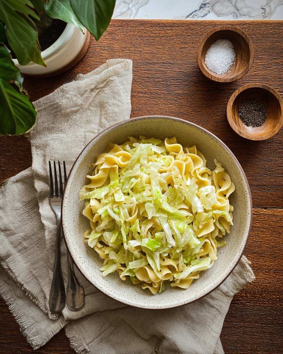 A white speckled bowl filled with two layers of food: the bottom layer is light yellow curvy egg noodles with a smooth texture, mixed evenly with a top layer of light green and pale white shredded cooked cabbage. The bowl sits on a wrinkled beige cloth atop a rustic wooden table. To the left of the bowl is a silver fork, and above the bowl are two small wooden bowls—one with coarse salt and the other with cracked black pepper—placed on a folded beige napkin. A green leafy plant in a white pot is partially visible in the top left corner. The background is a white marbled texture. Photo taken with an iphone --ar 4:5 --v 7