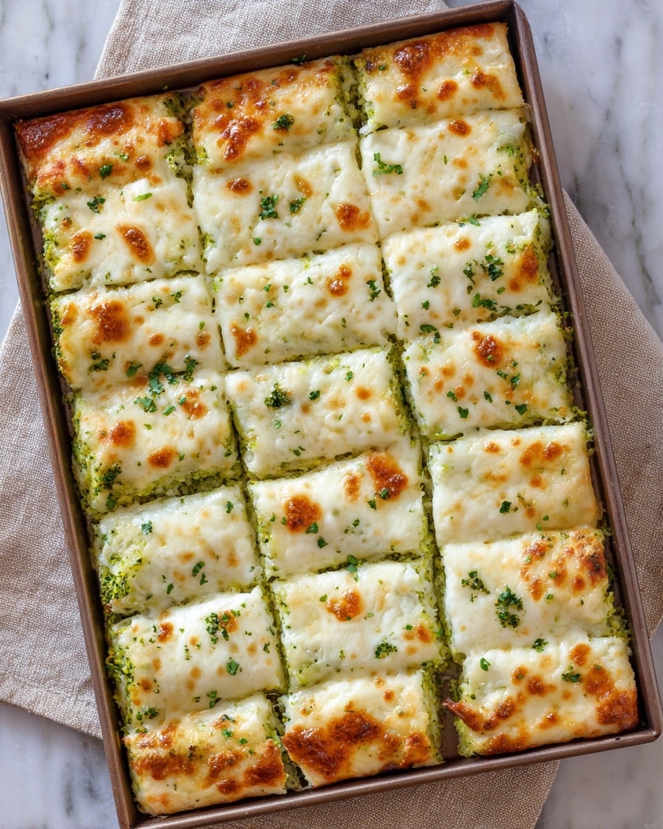 The image shows a baking tray with a cheesy casserole cut into twelve rectangular pieces. The top layer is golden and bubbly melted cheese with small brown spots, sprinkled with chopped green herbs. Below the cheese is a visible layer of finely chopped green vegetables mixed with a creamy white base, giving the dish a soft, moist texture. The baking tray sits on a beige cloth, all placed on a white marbled surface. photo taken with an iphone --ar 4:5 --v 7