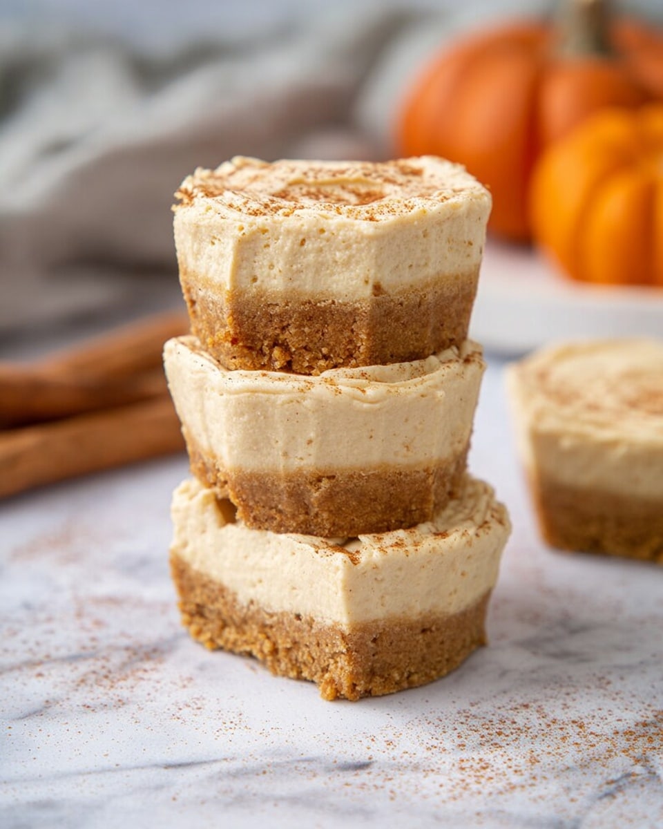 The image shows a stack of three small desserts, each with two layers. The bottom layer is a light brown, crumbly crust with a rough texture, taking up about one-third of each dessert. The top layer is a thick, creamy beige filling with a smooth texture and slight peaks, dusted lightly with brown spice powder. The stack is placed on a white marbled surface, with a small pumpkin and cinnamon sticks blurred in the background, giving a cozy feel. Photo taken with an iphone --ar 4:5 --v 7