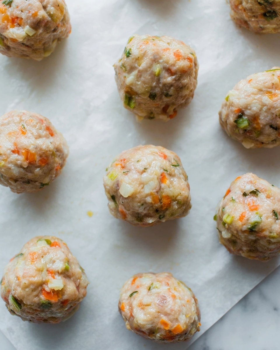 The image shows several uncooked meatballs placed on white parchment paper on a white marbled surface. Each meatball is roughly round with a slightly uneven shape, showing a mix of colors and textures including light brown, small bright orange bits from carrots, small green pieces likely from herbs or vegetables, and white chunks that could be onion or other ingredients. The meatballs have a moist, fresh texture and are spaced evenly apart on the surface. Photo taken with an iphone --ar 4:5 --v 7