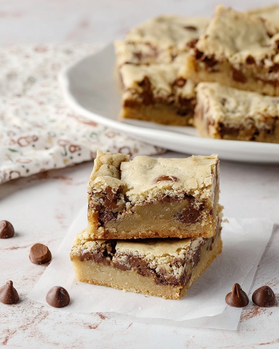 The image shows two square cookie bars stacked on top of each other in the front, resting on a piece of white parchment paper on a white marbled surface. Each bar has a light tan top layer with a slightly cracked texture and is filled with chunks of milk chocolate throughout. In the background, there is a white plate holding several more square cookie bars, which also have the same light tan cracked top layer and chocolate chunks inside. Scattered around the bars are several loose milk chocolate chips. The scene is softly lit and has a clean, simple look. Photo taken with an iphone --ar 4:5 --v 7
