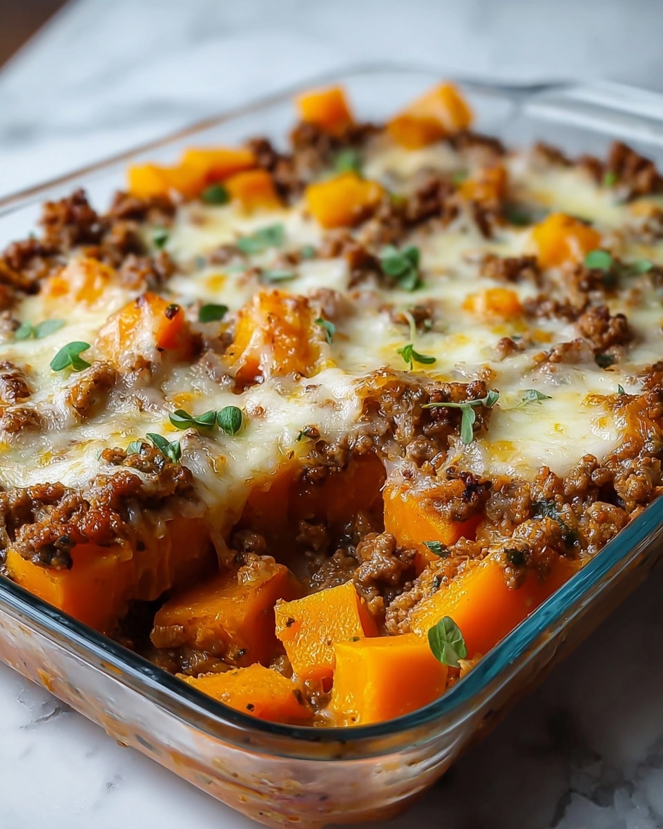 The image shows a baked dish in a clear glass baking dish resting on a white marbled surface. The dish has three visible layers: a bottom layer of bright orange butternut squash chunks, a middle layer of browned ground meat evenly spread, and a top layer of melted, golden cheese that is bubbly and slightly browned in spots. Small green herb leaves are sprinkled on top, adding a fresh color contrast. The texture varies from soft squash to crumbly meat and gooey cheese. Photo taken with an iphone --ar 4:5 --v 7