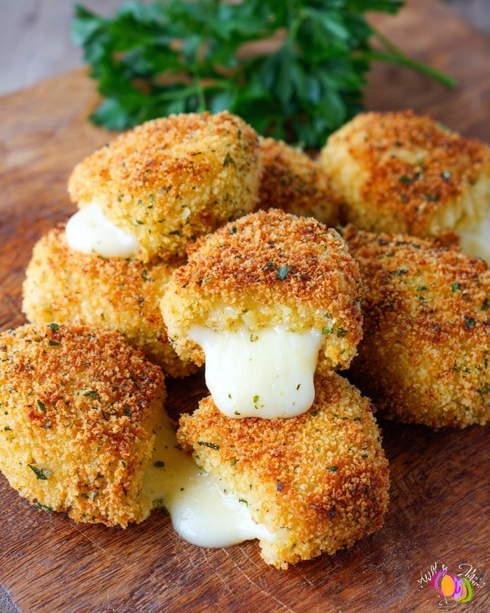 The image shows a group of golden brown breaded pieces arranged on a wooden board with some green parsley in the background. Each piece is coated in a crumbly, textured breadcrumb layer mixed with small green herbs. Some pieces have melted white cheese oozing out from between two layers of the breaded coating, showing a two-layer structure with melted cheese in the middle. The surface looks crispy and crunchy with small browned spots, and the colors range from light yellow to golden brown. Photo taken with an iphone --ar 4:5 --v 7