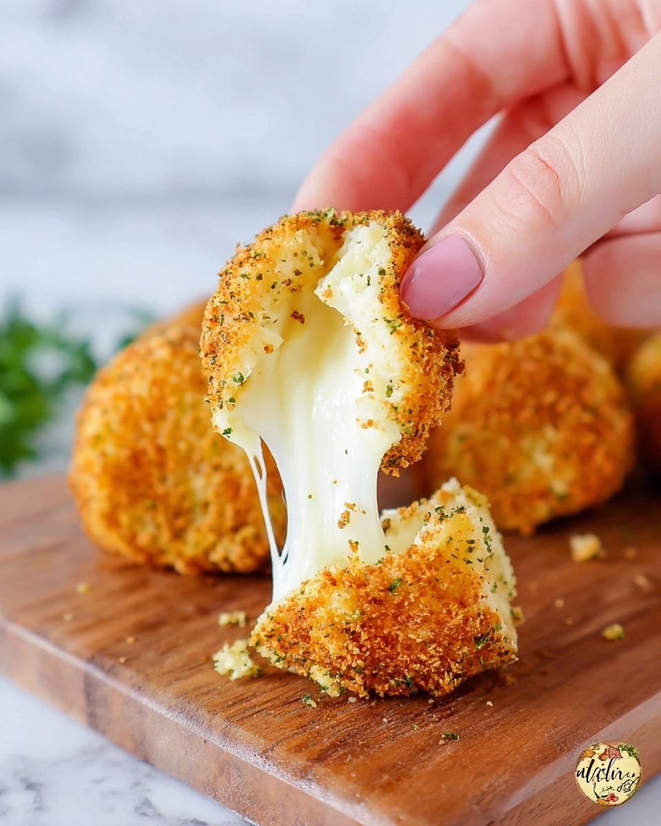 A woman's hand holds a piece of golden brown crispy fried cheese with a rough, crumbly outer layer speckled with green herbs, breaking open to show soft, white, gooey melted cheese stretching out in thick strands. The background shows more round, golden brown crispy cheese pieces on a wooden board, set on a white marbled surface. photo taken with an iphone --ar 4:5 --v 7