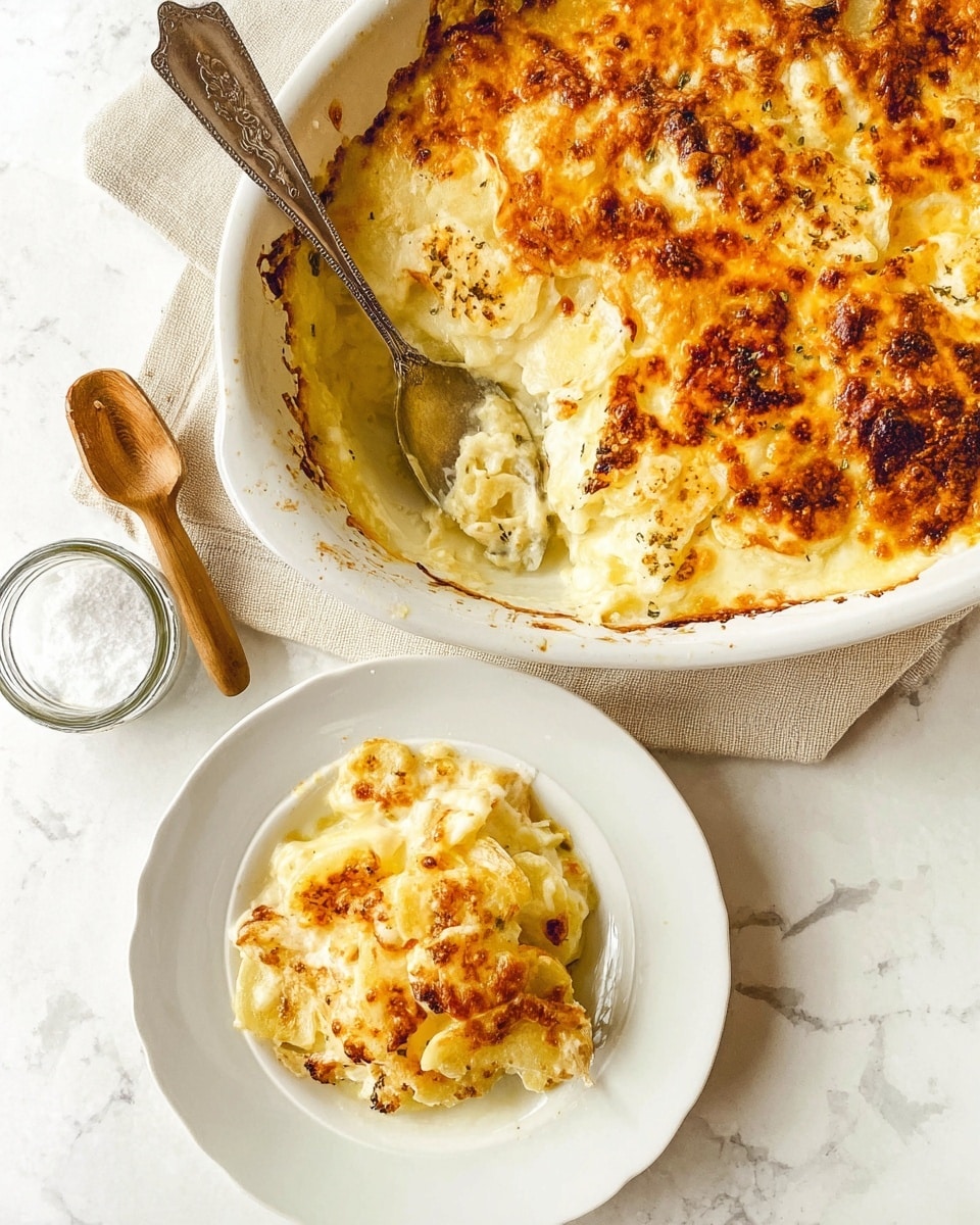 The image shows a white baking dish filled with a creamy, golden-brown baked dish, with a silver serving spoon resting inside, revealing a thick, cheesy top layer textured with melted cheese and browned spots. Below it is a white plate with a thick scoop of the same dish, showing layers of tender, yellowish pasta or potatoes covered in creamy sauce with golden crispy cheese on top. To the left, there is a glass jar with salt and a small wooden scoop resting inside. Everything is set on a white marbled surface and a light beige cloth under the baking dish. photo taken with an iphone --ar 4:5 --v 7