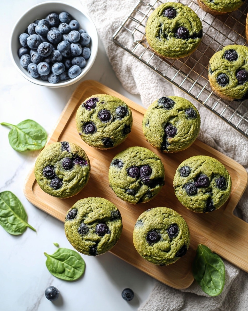 There are seven green muffins studded with dark purple blueberries arranged on a wooden board, each muffin having a slightly cracked, soft texture on top with blueberries embedded both on top and partially inside, showing a mix of fresh and slightly cooked berries. A small white bowl filled with plump, ripe blueberries sits on the top left of the board, with a few scattered blueberries and three spinach leaves around it for decoration. Behind the board, a few more muffins are cooling on a wire rack placed on a soft textured cloth, all set on a white marbled surface. The lighting is bright and natural, highlighting the fresh, vibrant colors of the muffins and fruit. Photo taken with an iphone --ar 4:5 --v 7