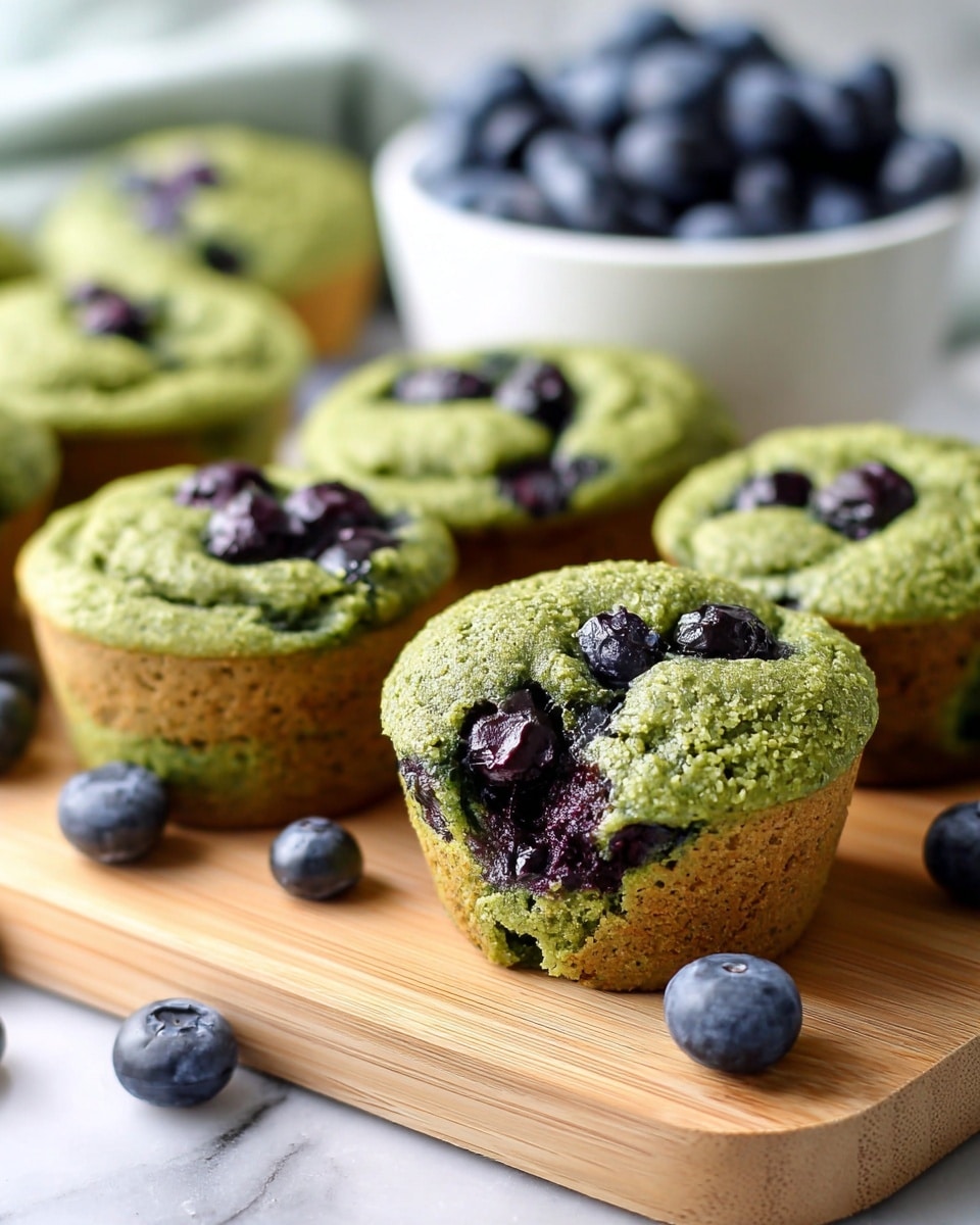 The image shows several green muffins with blueberries baked inside and on top. Each muffin has one main layer of soft, spongy green dough with a rough texture, dotted with whole and partially blended dark purple blueberries, some bursting out from the surface. The muffins are placed on a light wooden board, scattered with a few extra fresh blueberries around. In the background, a white bowl full of blueberries is partially visible. The photo is taken on a white marbled surface. photo taken with an iphone --ar 4:5 --v 7