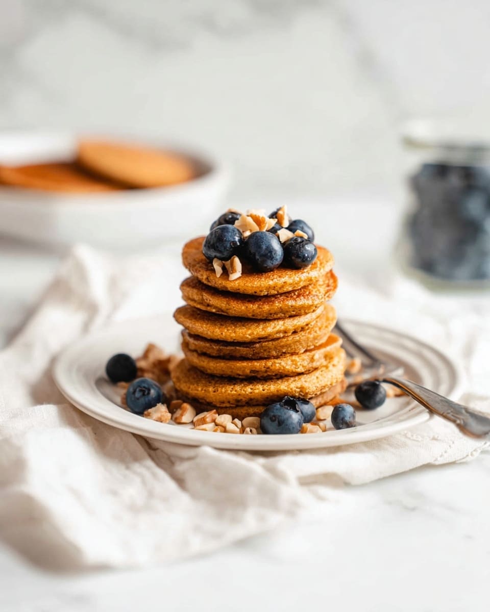 A stack of six small, thick, golden-brown pancakes is placed in the center of a white plate, each pancake having a slightly rough texture. On top of the stack are three plump, dark blue blueberries and small pieces of light brown chopped nuts. Around the base of the stack on the plate are scattered more blueberries and chopped nuts. A silver fork rests on the right side of the plate. The plate sits on a white cloth with a soft, wrinkled texture, set against a white marbled surface. The background is softly blurred, showing a white bowl with more pancakes on the left and a small glass container with blueberries on the right. photo taken with an iphone --ar 4:5 --v 7