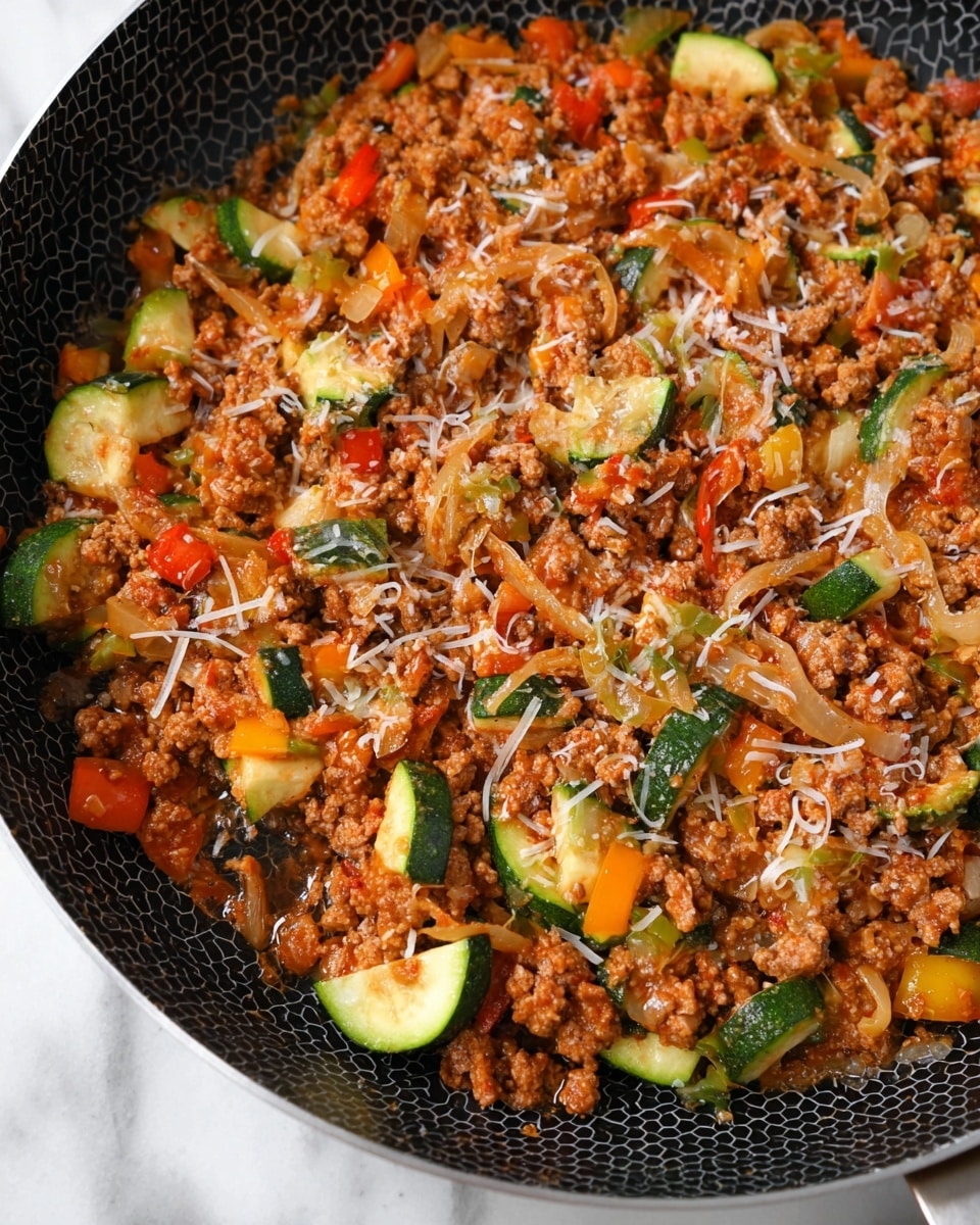 This image shows a close-up of a cooked dish in a black hexagon-patterned pan. The dish has one main mixed layer with cooked ground meat that is brown and crumbly, evenly spread throughout. There are sliced green zucchini pieces mixed with small diced red, yellow, and orange bell peppers scattered around. Thin strips of cooked onions are also mixed in, all coated with a reddish-brown sauce. Light shreds of white cheese are sprinkled on top, adding texture and some color contrast. The pan sits on a surface with a white marbled texture. photo taken with an iphone --ar 4:5 --v 7