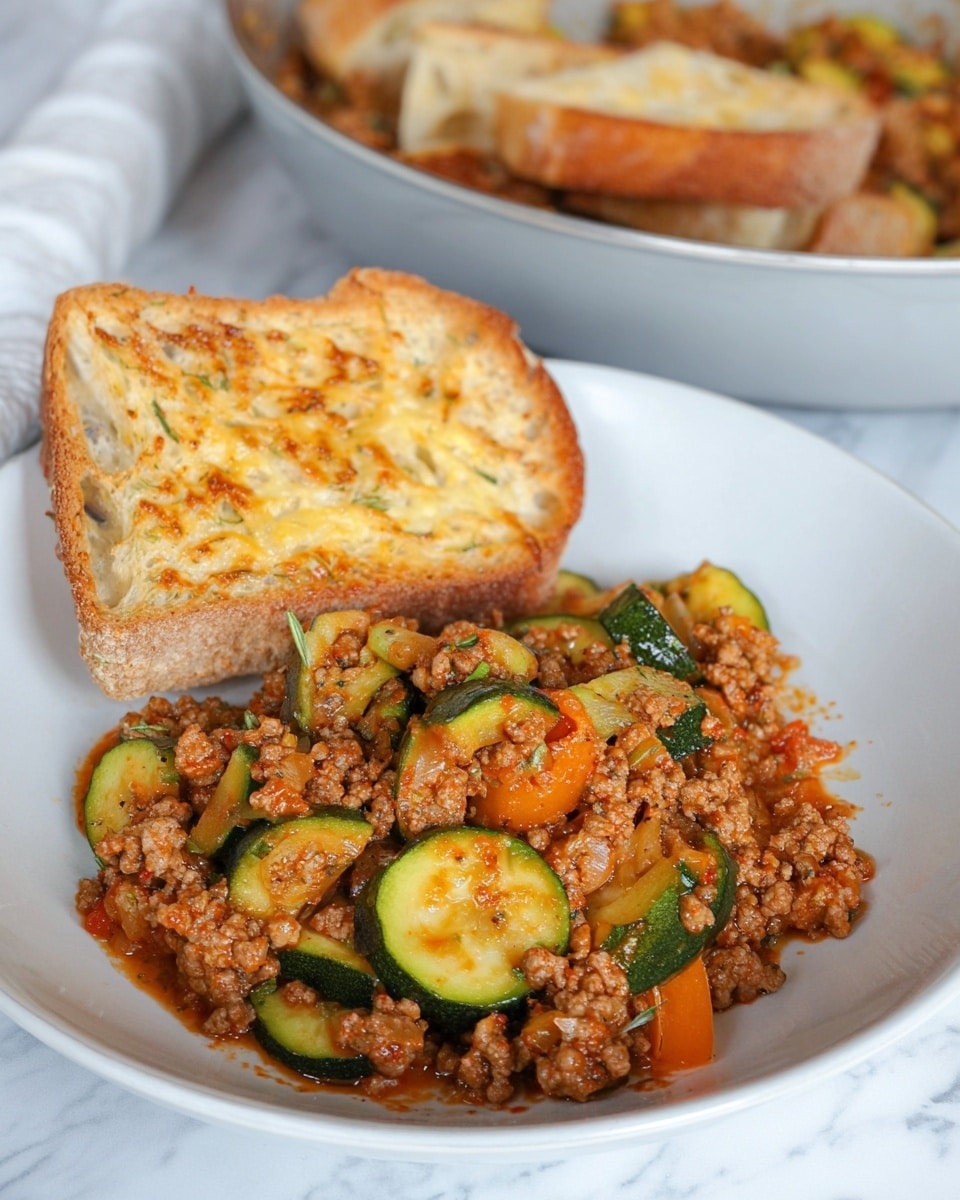 The image shows a white plate with a cooked mix of ground meat, sliced green zucchini, and small pieces of orange bell pepper, all blended and cooked with a reddish sauce giving a warm, hearty look. On top of the plate, leaning slightly against the cooked mix at the back, is a single slice of toasted bread with a golden crust and melted cheese, showing specks of herbs and a textured, slightly crunchy surface. In the blurred background, more slices of toasted bread rest on another white plate on a white marbled surface, complementing the main dish's arrangement. Photo taken with an iphone --ar 4:5 --v 7
