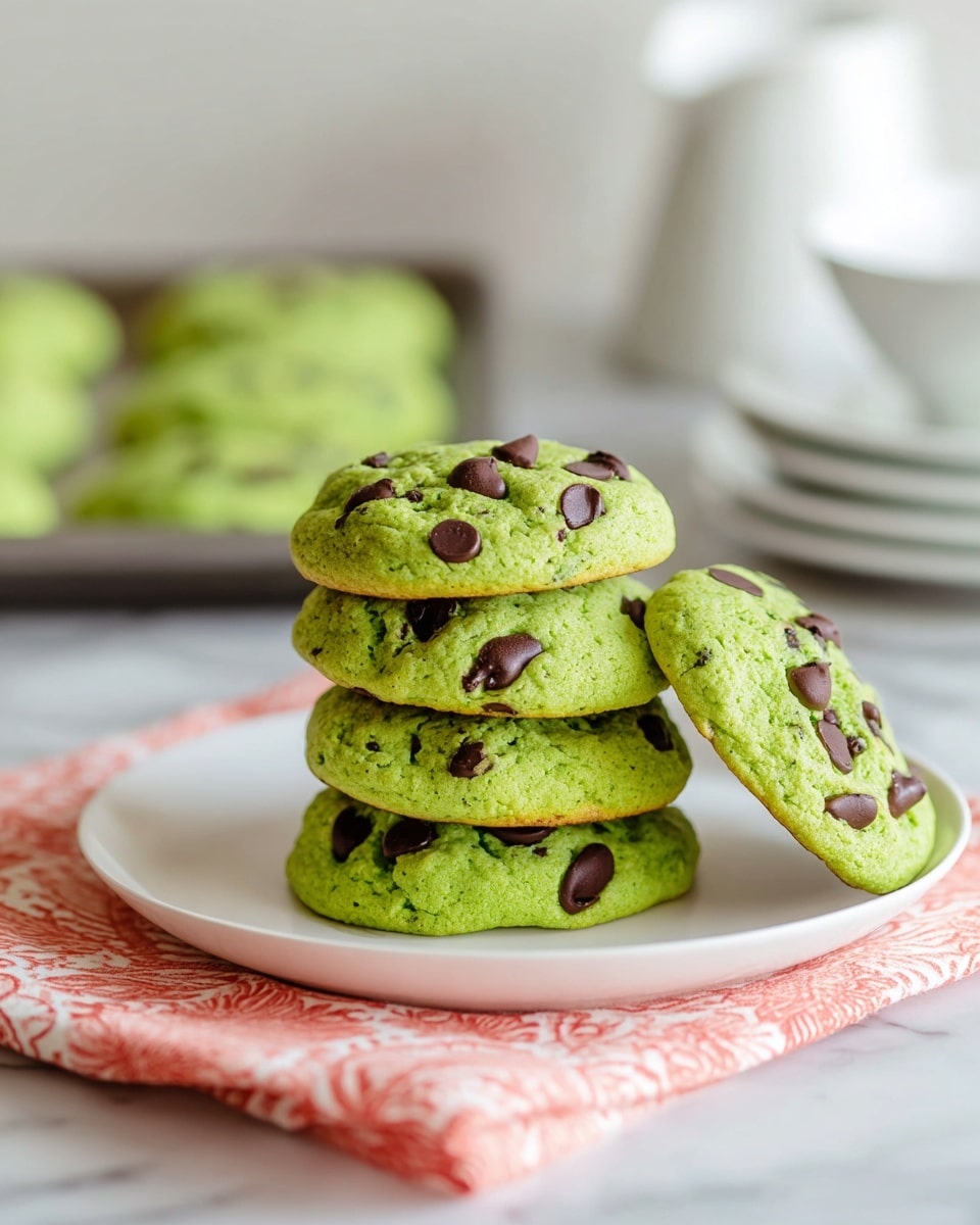 A stack of four bright green chocolate chip cookies sits on a simple white plate. The cookies are thick and soft with a slightly rough texture, each dotted with large dark brown chocolate chips scattered unevenly across the surface. The top cookie leans against the stack on the right side, showing more chips on its side. The plate rests on a pale coral patterned cloth, all set on a white marbled surface. In the blurred background, there is a baking tray with more green cookies, a white pitcher, and some stacked white plates. photo taken with an iphone --ar 4:5 --v 7