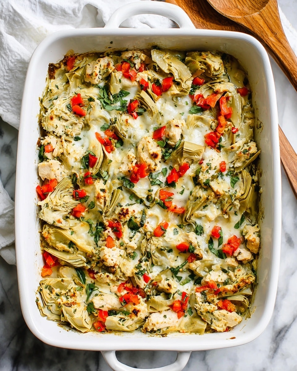 A white baking dish filled with a layered artichoke and chicken casserole. The bottom layer shows light green artichoke hearts with a soft, slightly charred texture. Over this, there are chunks of cooked white chicken meat spread evenly. Scattered on top are small diced pieces of red bell pepper, creating bright red spots. Fresh chopped green herbs and leafy bits are mixed throughout, adding a fresh, textured look. The dish is topped with melted light yellow cheese, slightly browned around the edges. The background is a white marbled surface with wooden spoons in the top right corner and a white cloth at the bottom center. photo taken with an iphone --ar 4:5 --v 7
